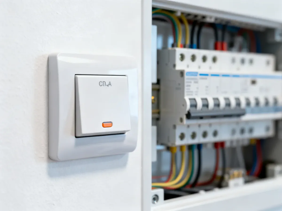 Nowoczesna rozdzielnica elektryczna z widocznym wyłącznikiem różnicowoprądowym z przyciskiem testowym.