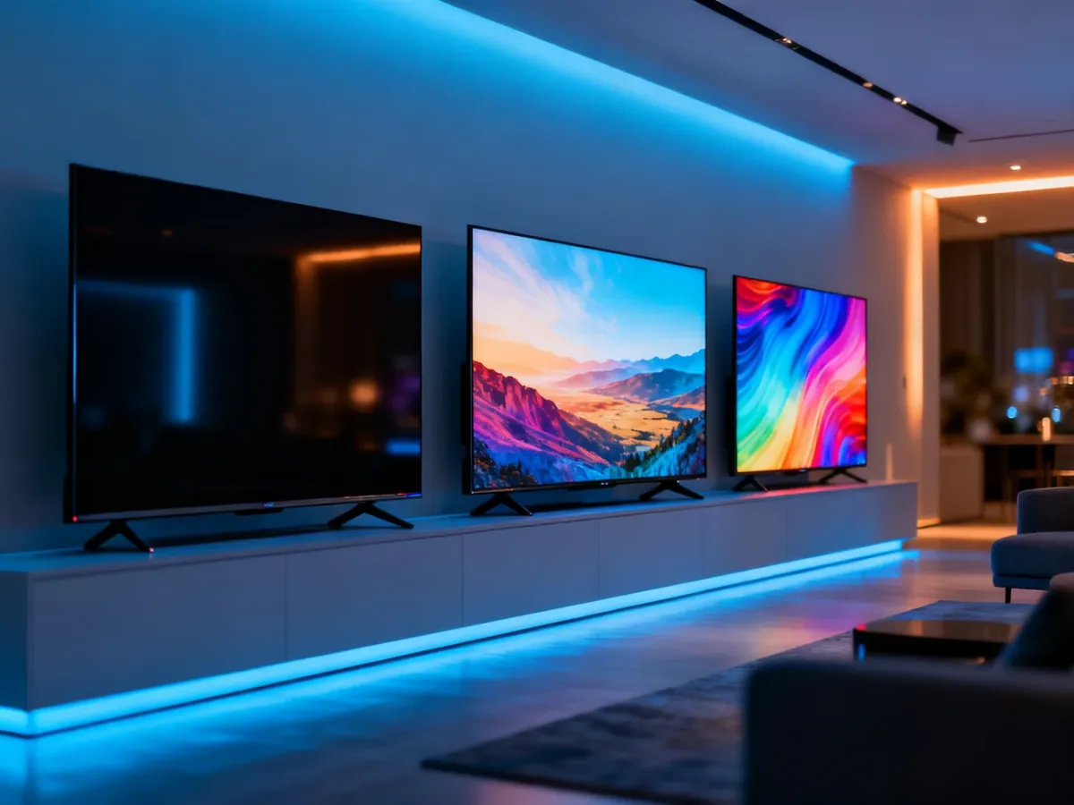 Trzy nowoczesne telewizory na ścianie prezentujące różne technologie obrazu: OLED, Mini LED oraz QLED.