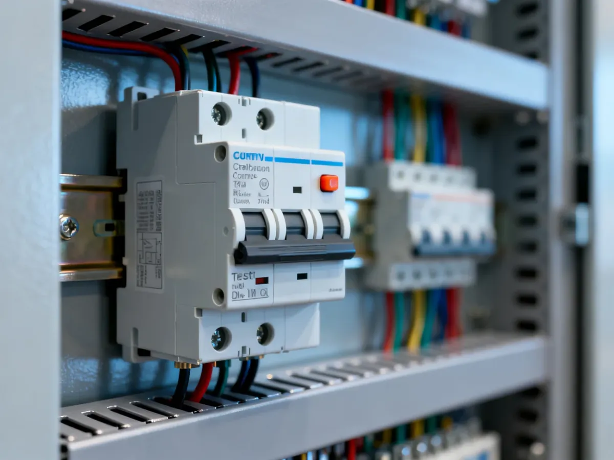Trójfazowy wyłącznik różnicowoprądowy zamontowany na szynie DIN w rozdzielnicy elektrycznej z widocznym przyciskiem testu.